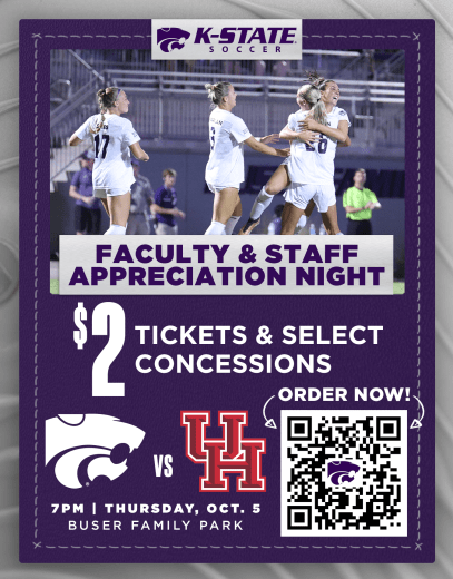 Flyer for K-State Soccer's faculty and staff appreciation night Oct. 5, 2023