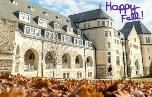 Photo of Hale Library and fall leaves with "Happy Fall" message