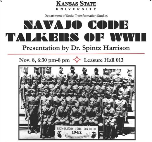 graphic about Navajo Code Talkers of WWII presentation with old, black and white photo of soldiers posed