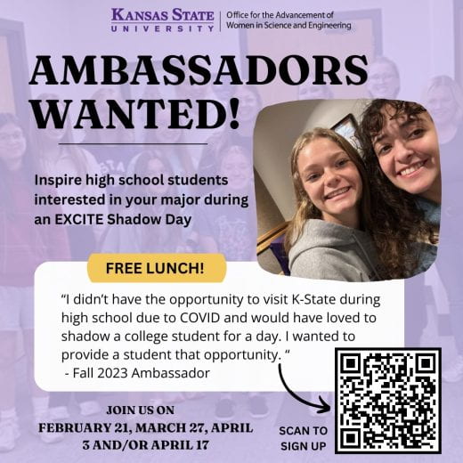 graphic with photo of two female students and info about the KAWSE ambassador program