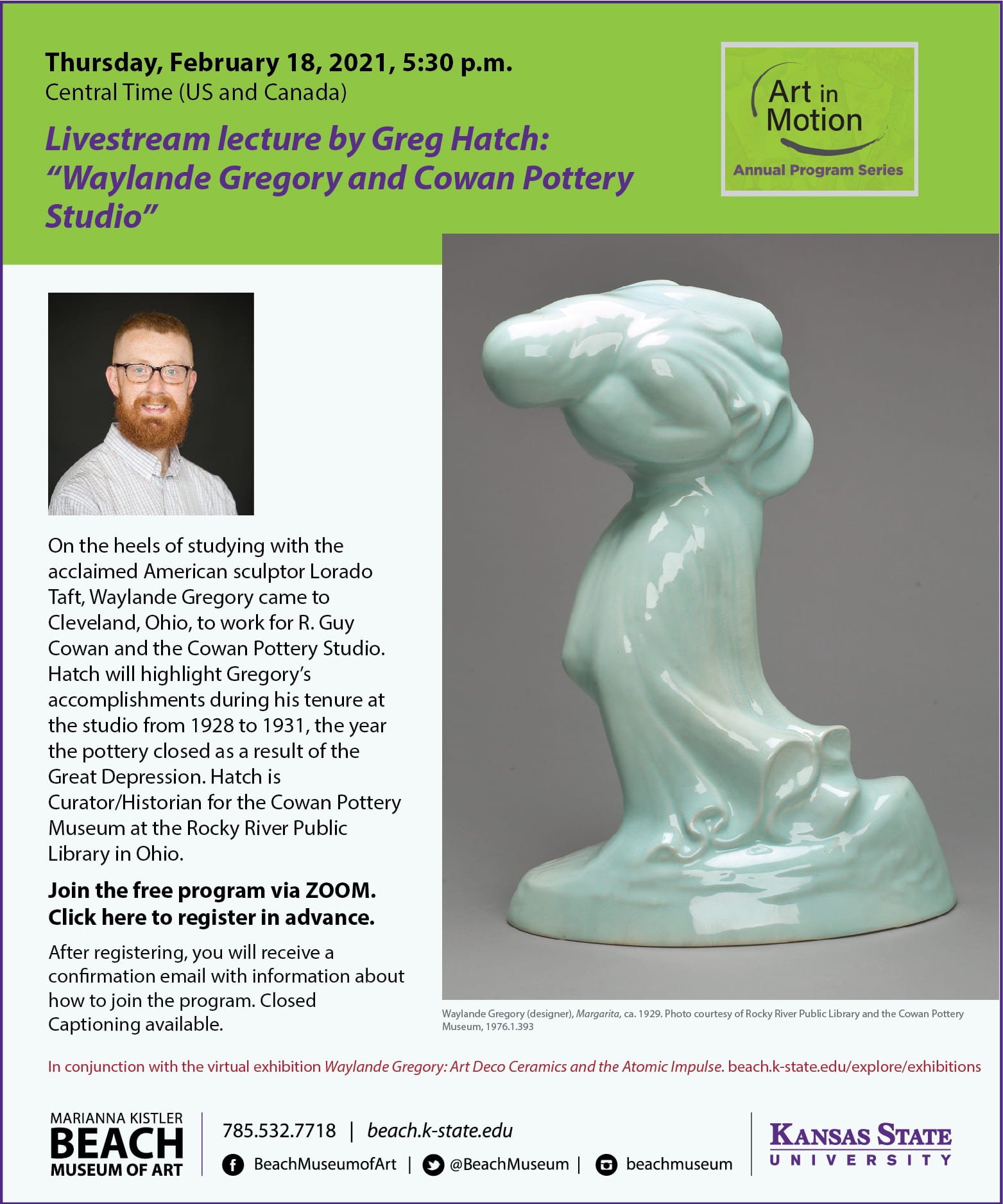 flyer of the livestream lecture by Greg Hatch: “Waylande Gregory and Cowan Pottery Studio”