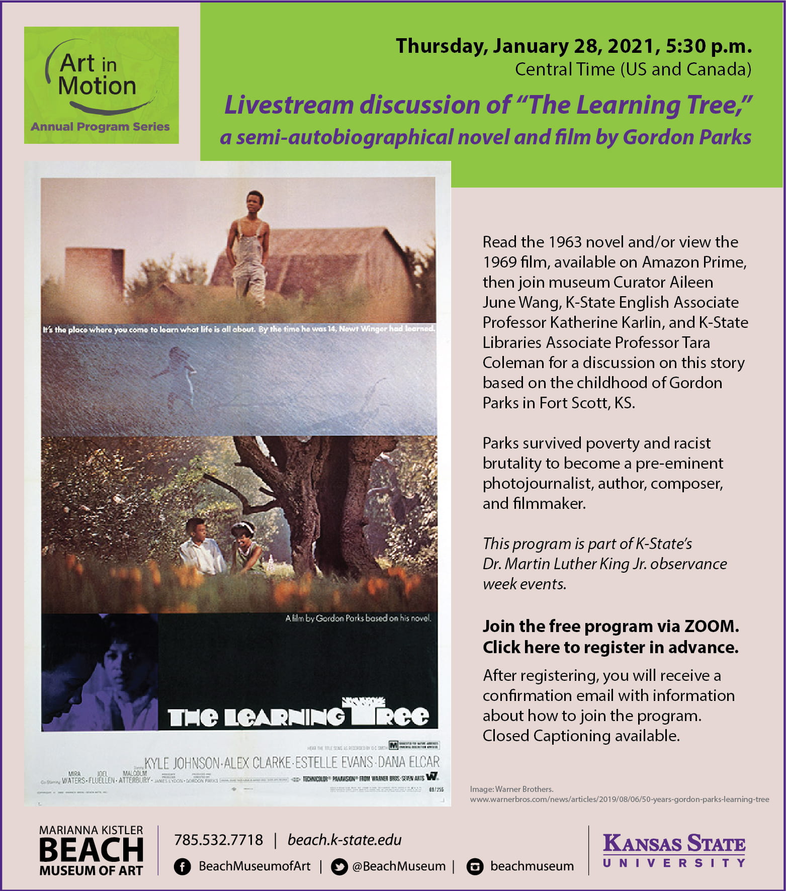 Flyer of Livestream discussion of "The Learning Tree," a novel and film by Gordon Parks.