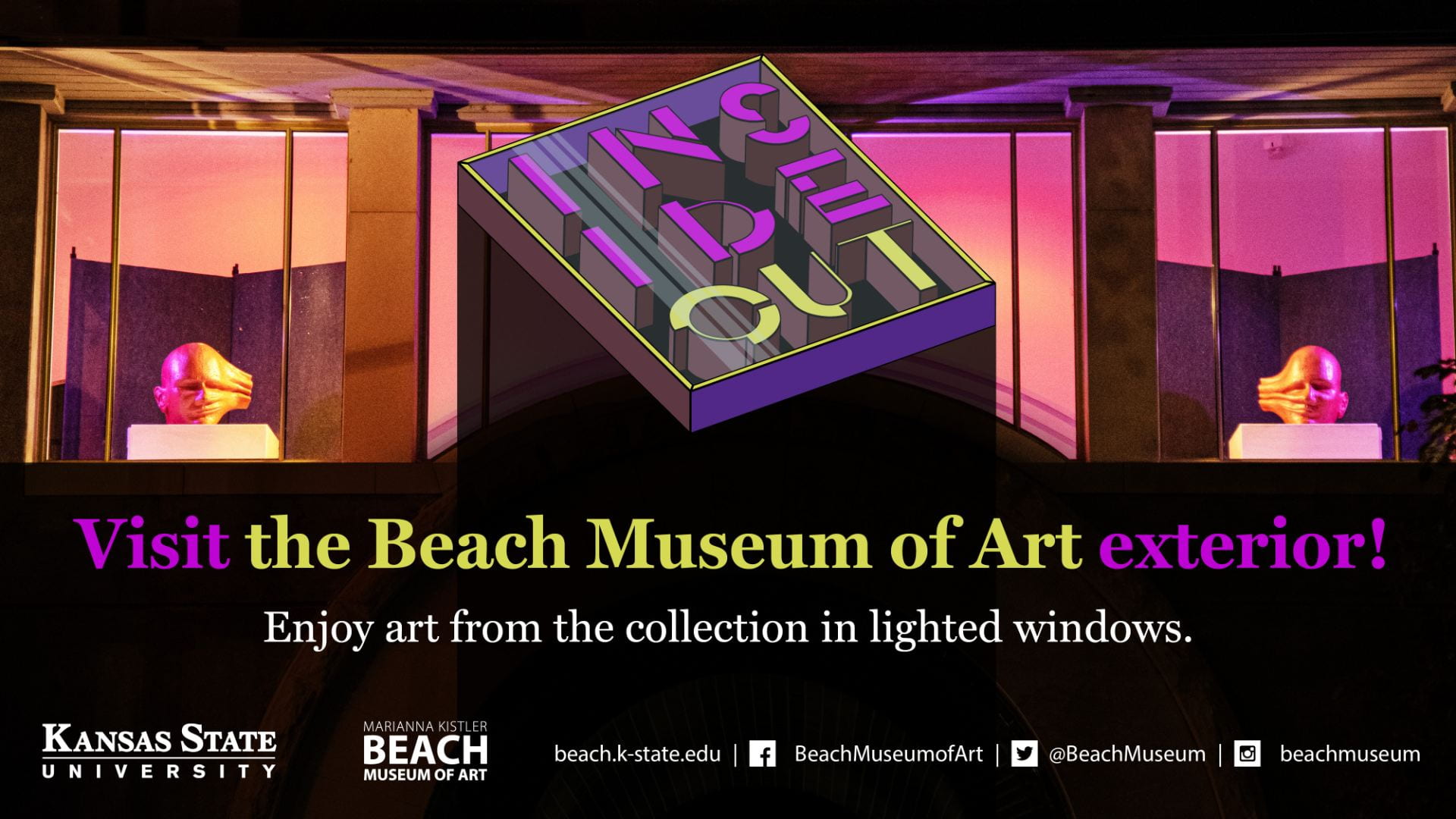 Image of Beach Museum of Art's exhibition of lighted window displays "Inside Out."