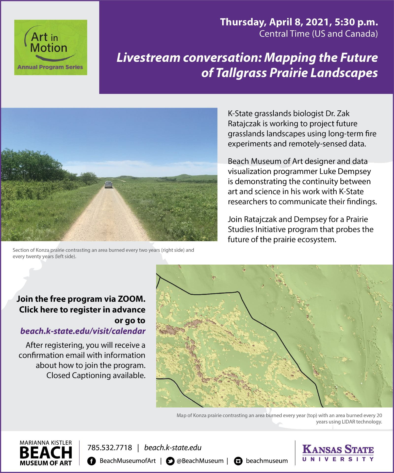 Flyer of the program titled "Mapping the Future of Tallgrass Prairie Landscapes." Livestream conversation with K-State grasslands biologist Zak Ratajczak and Luke Dempsey, museum exhibition designer and technology lead.