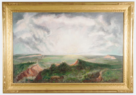 Mixed media artwork entitled "Sunrise (Sunrise over Kansas)," by John Steuart Curry (1897 – 1946) from the collection of the Beach Museum of Art. Showing a landscape and bright sunrise with clouds.