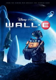 Publicity image for the animation film "WALL-E" showing a small robot made from older technology looking at an advanced spaceship