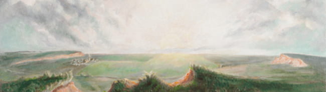 Detail of the mixed media on canvas entitled "Sunrise (Sunrise over Kansas)" by John Steuart Curry in the Beach Museum of Art's collection. Showing the bright sun rising over a Kansas landscape.