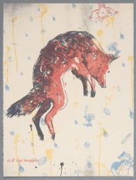 Print entitled "From Upstream I Caught Fish" by artist Neal Ambrose-Smith in the Beach Museum of Art's collection. Showing a fox jumping in air looking down.