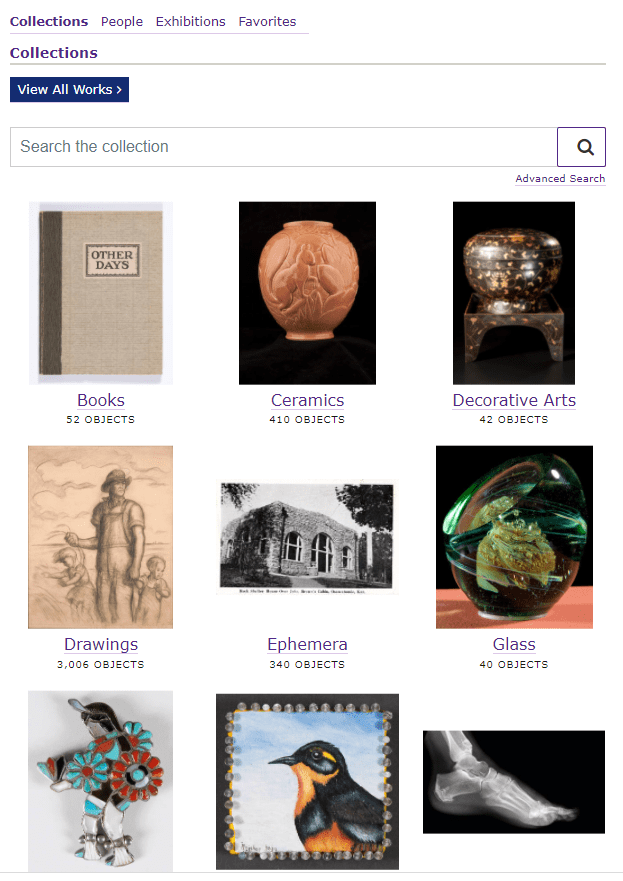 Screen capture of the Beach Museum of Art's new online collection search
