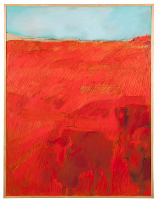 Painting by artist Patricia DuBose Duncan entitled "Red Prairie With Bison" in the Beach Museum of Art collection