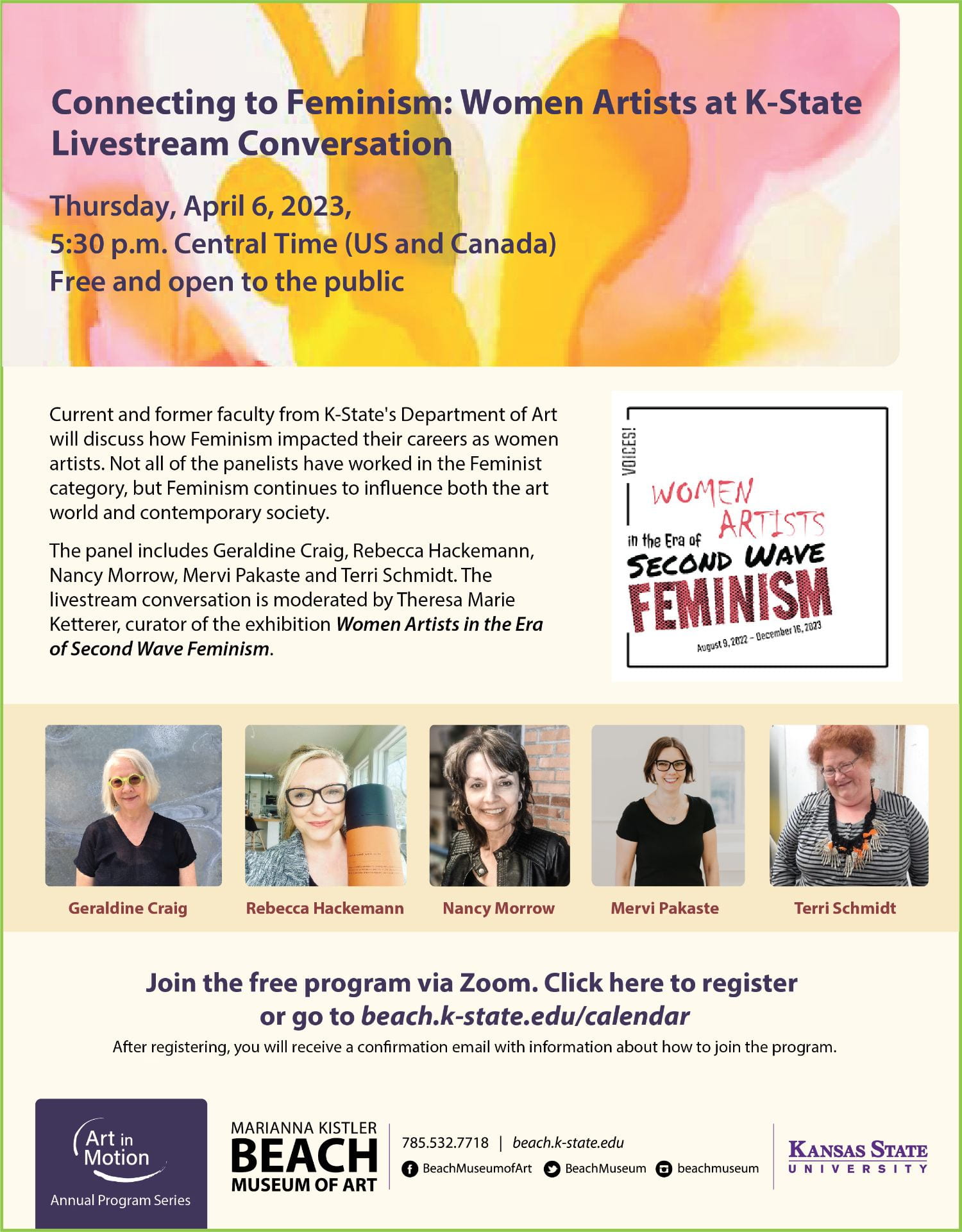 Flyer for the livestream conversation "Connecting to Feminism: Women Artists at K-State" April 6, 2023. beach.k-state.edu/calendar