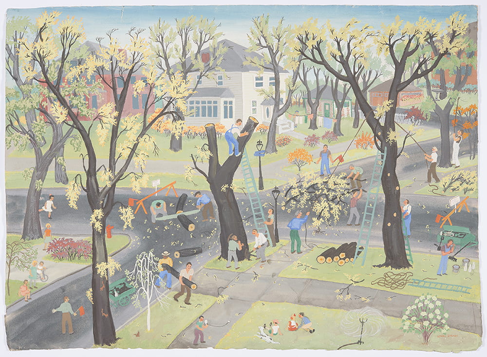 Watercolor and graphite on paper artwork by Ethel Spears entitled "WPA Cutting Down a Tree." Part of the Beach Museum of Art collection. Featuring a community of workers cutting trees at an intersection in a neighborhood with children playing around and families sitting on grass.
