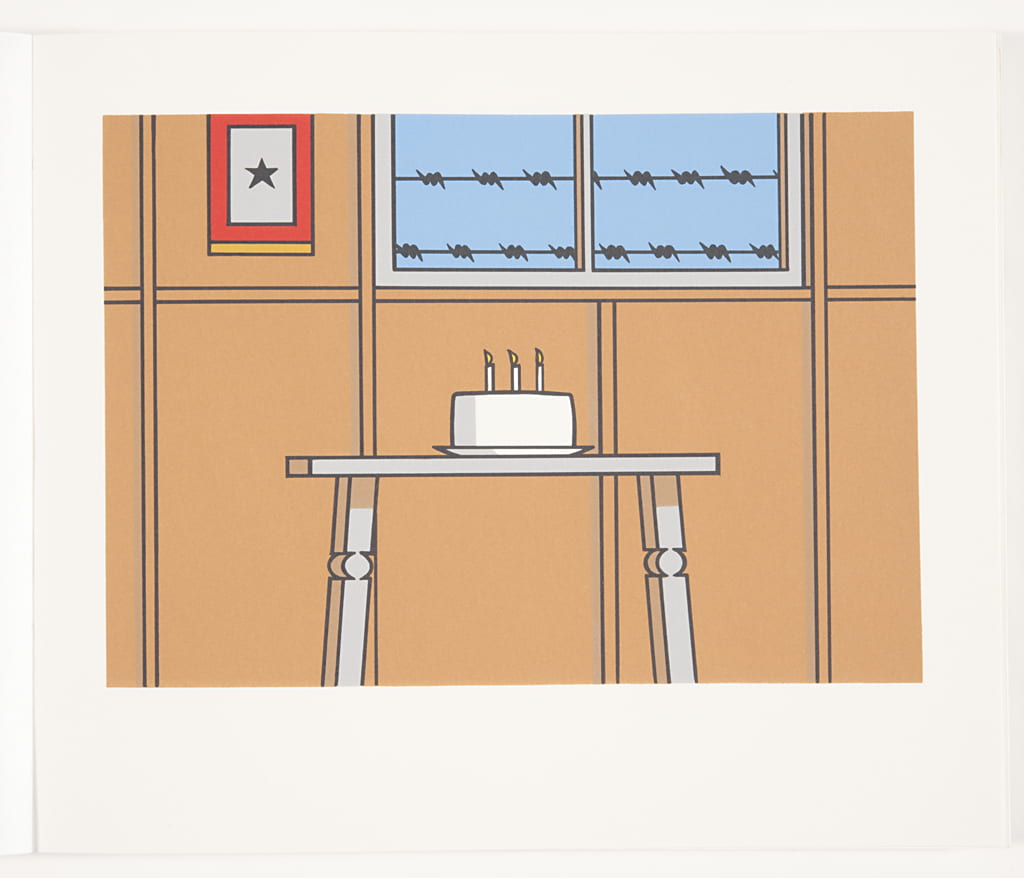 Image from "Memories of Childhood," lithograph (handmade book) by artist Roger Shimomura in the collection of the Beach Museum of Art.