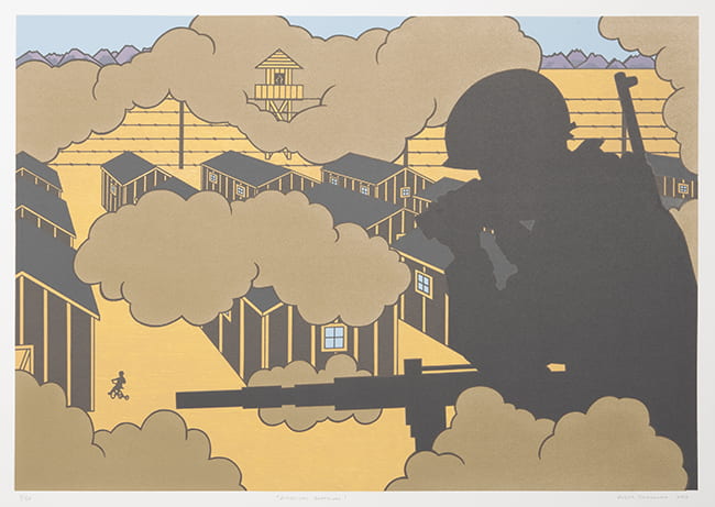 Color lithograph "American Guardian" by artist Roger Shimomura in the collection of the Beach Museum of Art.