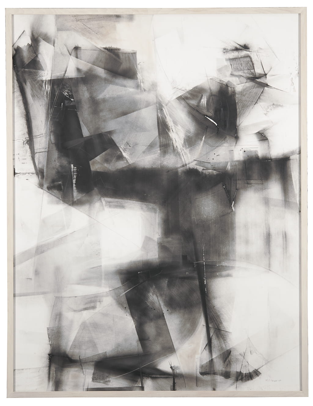 Drawing titled "Nowhere Fast" by artist Marvin Gould in the collection of the Beach Museum of Art. Shows strokes and shading created with graphite, charcoal, rust powder etc. The shape suggests a running figure.