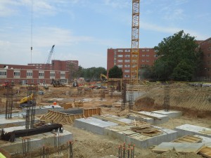 Wefald Hall looking northwest at foundations systems. Kramer Dining Center, Goodnow and Marlatt Halls in the background. 