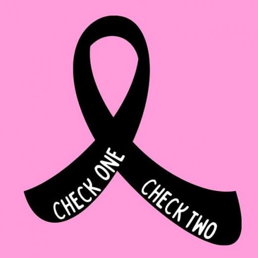 Black ribbon on pink background says check one check two