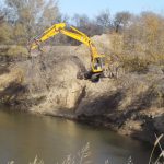 Excavator removes trees from stream bank