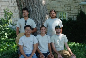 Horticulture intern Caitlynn McVey (center) takes a break with the Gardens at Kansas State University summer crew: (left to right, back row) Juan Troche and David “Bondy” Kaye, and (left to right, front row) Roby Rai and Tim Kellams.